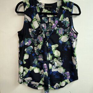 Banana Republic Sleeveless V-Neck Tie Front Navy Floral Print Blouse Sz M